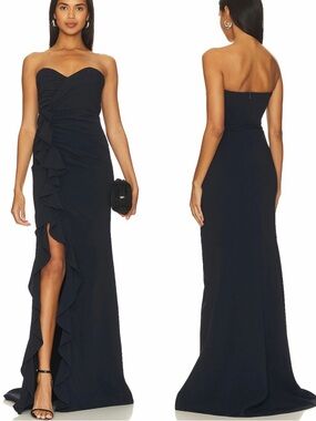 Cinq à Sept Hyde Crepe Ruffled Strapless Sweetheart Evening Maxi Gown Navy Blue